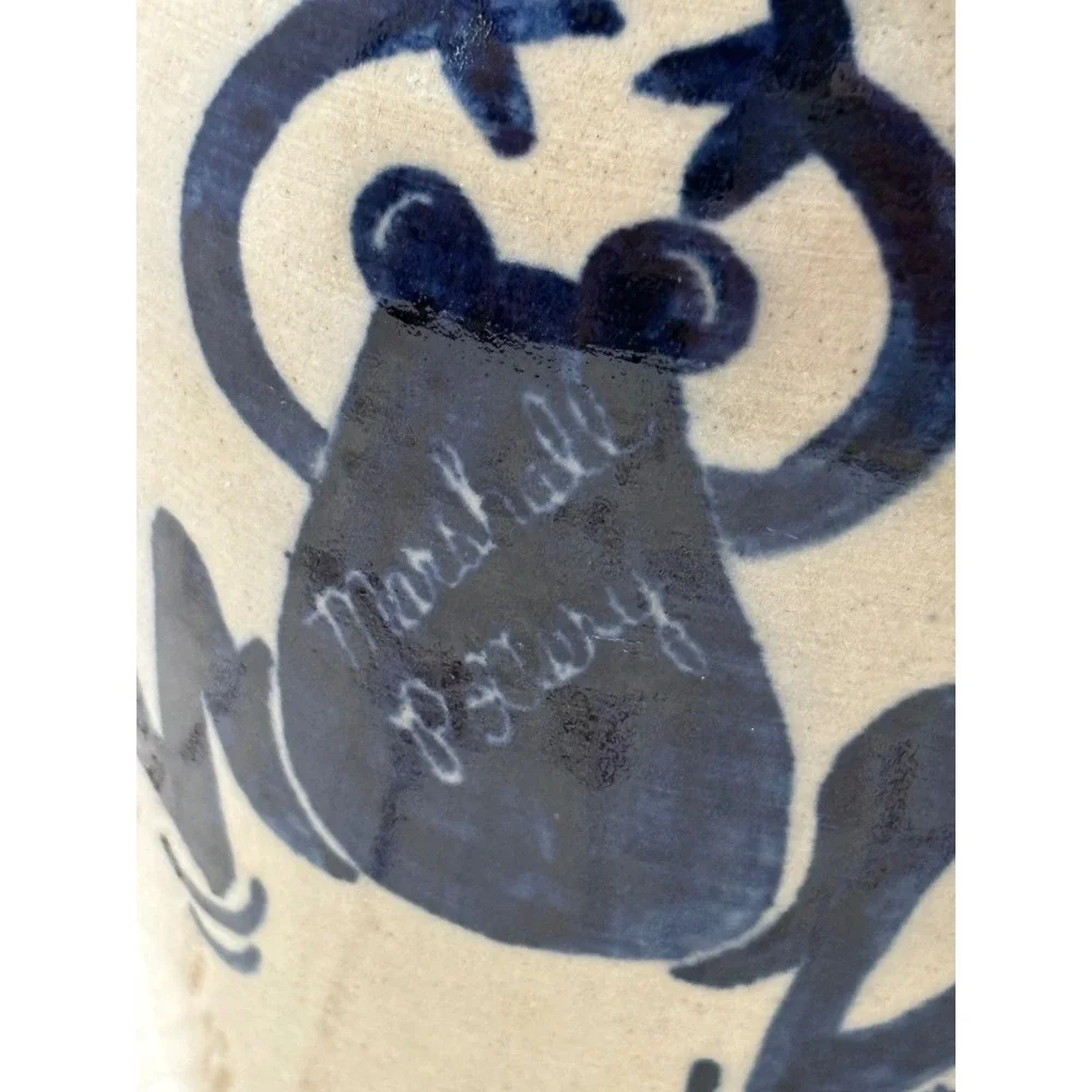 Marshall Pottery Eduardo Rivera Blue Frog Stoneware Crock Jar with Lid Texas